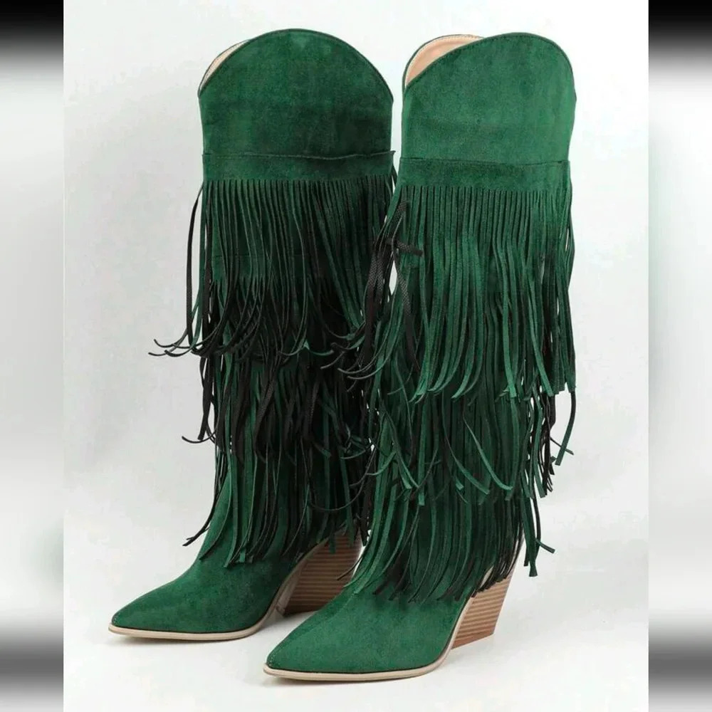 Green Knee-High Geometric Fringed Comfortable Faux Suede Thick Heel Boots, - Picture 5 of 6
